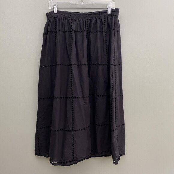 CeCe Skirt Womens Large Black Midi Eyelet A Line Lined Cotton Boho Flowy Witchy - Picture 1 of 12